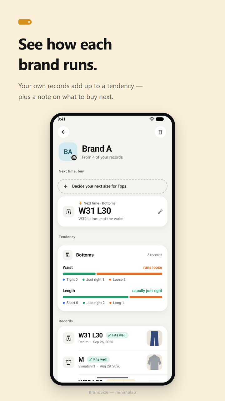 A brand page. A pinned next-time size of W31 L30, and bars showing the waist runs loose and the length is mostly just right