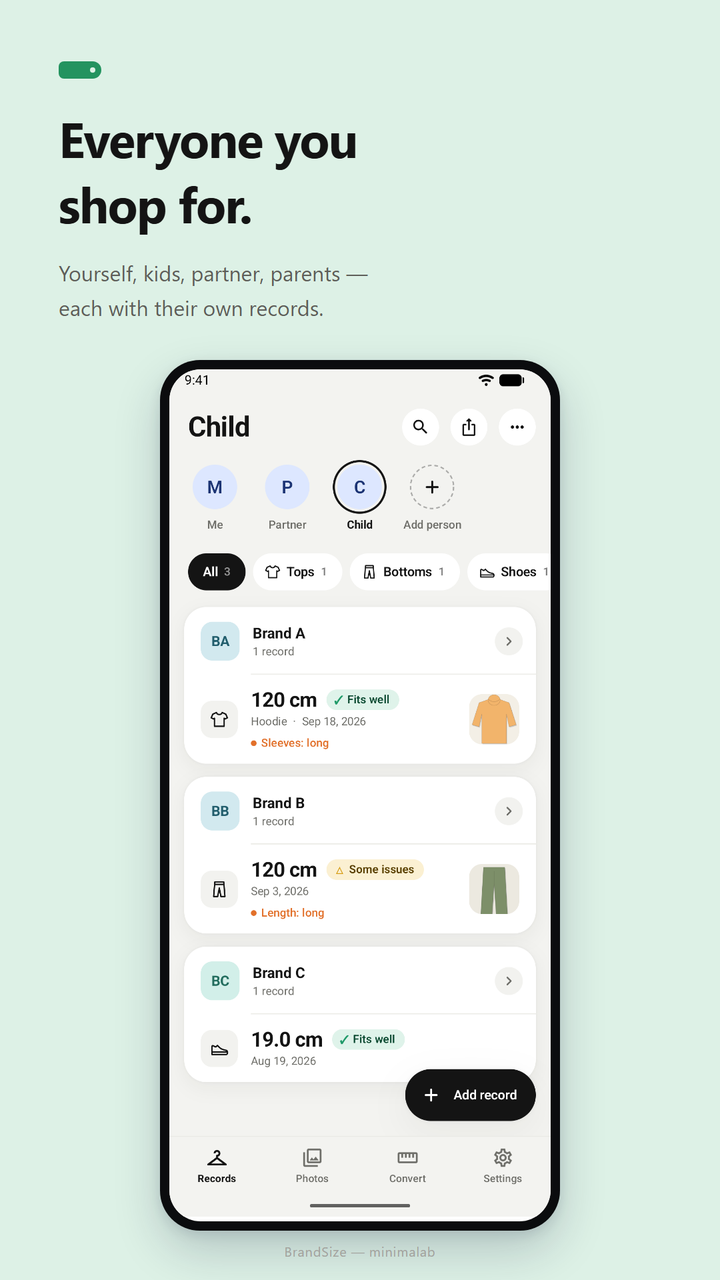 The records of a child, with 120 cm hoodies and shoes listed by brand
