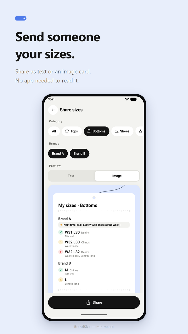The share screen. After picking a category and brands, a size-tag card lists the sizes that fit and the ones that didn't