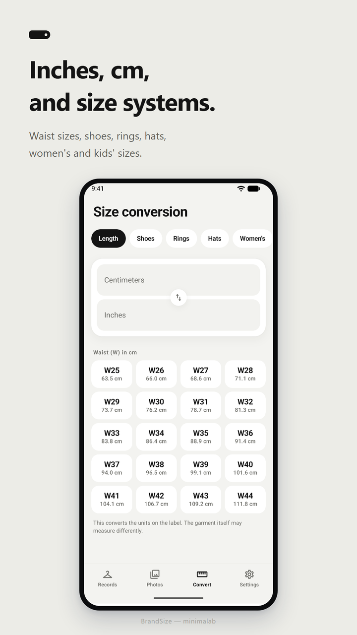 The size converter. Centimeters to inches, and a waist (W) size chart in centimeters