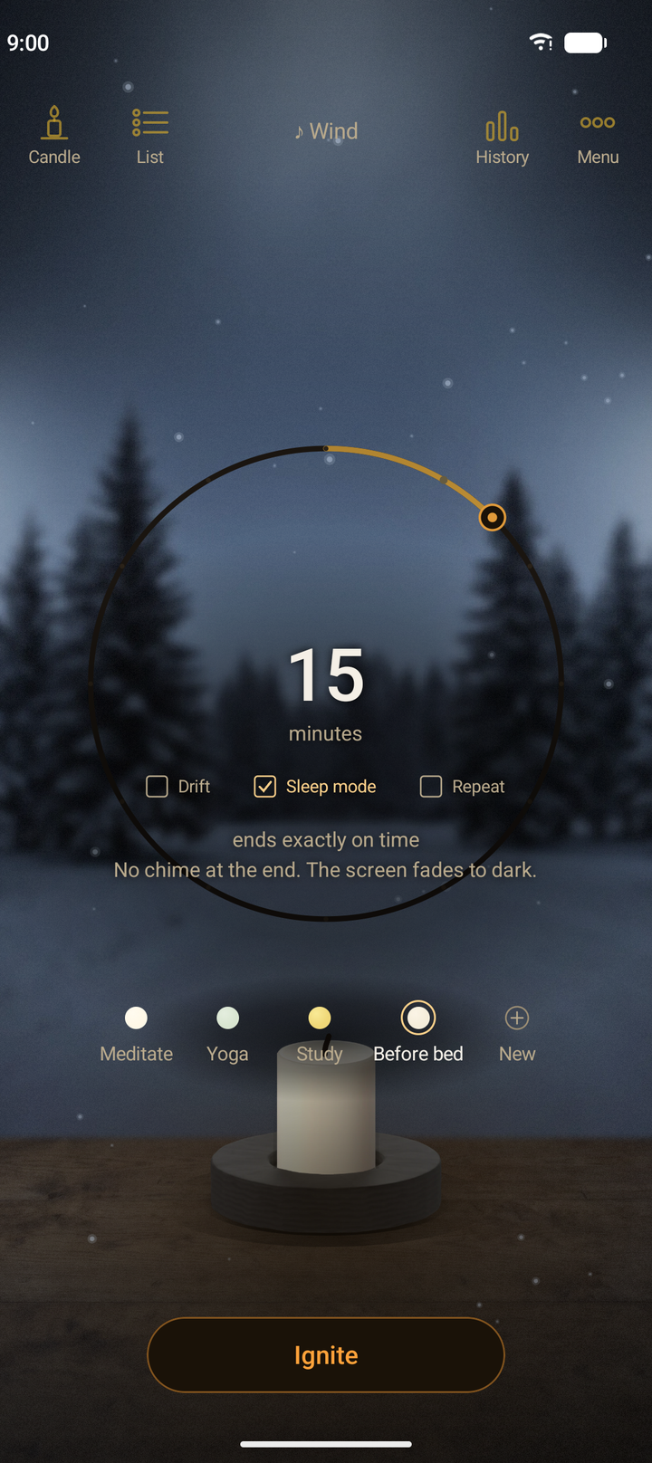 The setup screen for Before bed on a snowy night. Sleep mode is checked, with the note: No chime at the end. The screen fades to dark