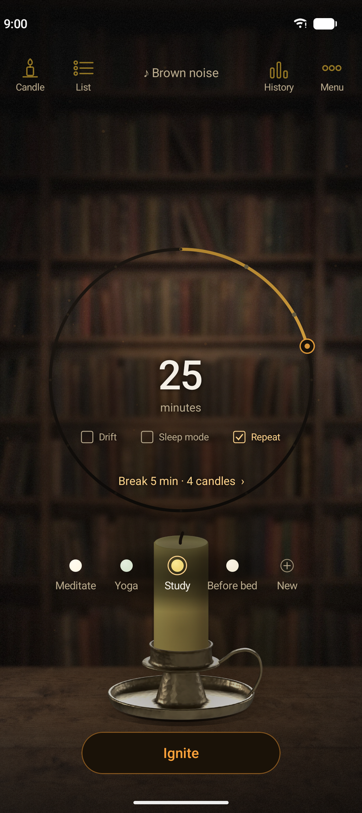 The setup screen for Study. The dial is set to 25 minutes, Repeat is checked, and it shows a 5-minute break and 4 candles
