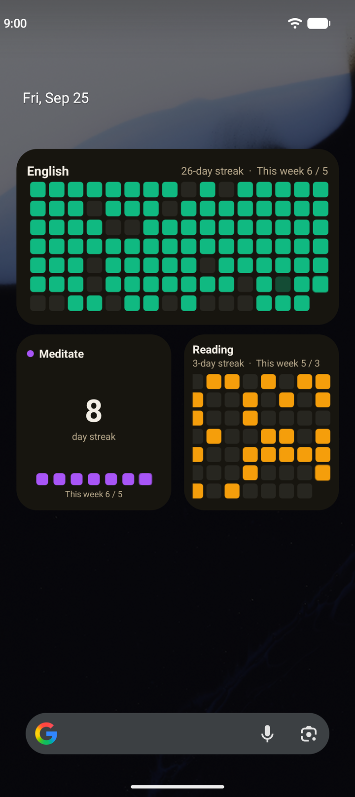 Widgets on the home screen: a grid for English, a day streak for Meditate and a grid for Reading