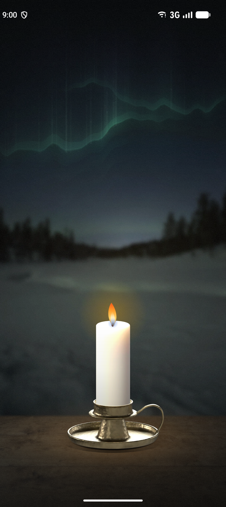 The northern lights background, with a candle burning on a brass chamberstick