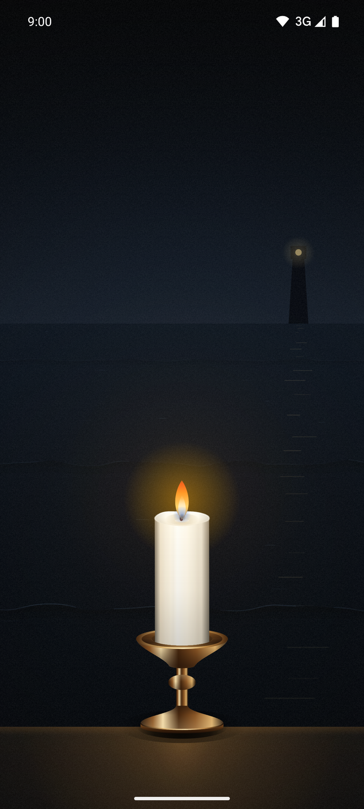 The night sea background, with a distant lighthouse and a candle burning on a gold holder